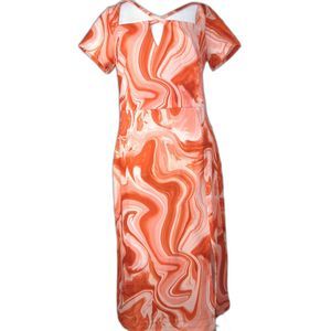 Rachel Umpire Waist Short Sleeve Guava Swirl Dress Polyester Blend S (RK64)